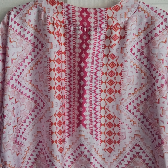 Investments 3/4 Sleeve Open Front Kimono: Magenta/White/Orange Mosaic Tile Print - Picture 3 of 12
